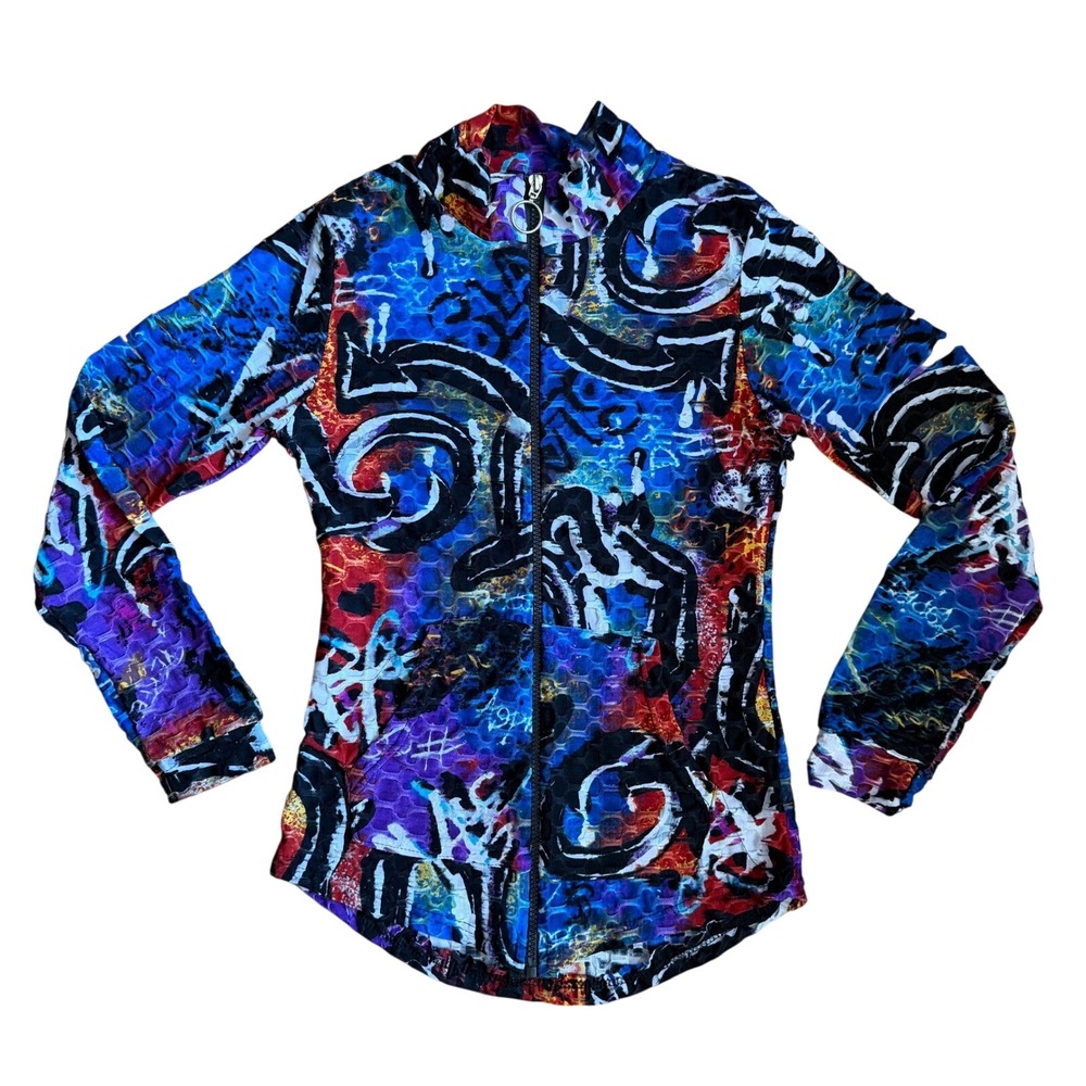 NWT Y2K Graffiti Print Bubble Texture Zip Up Top Multicolor Cutout Sleeve Womens